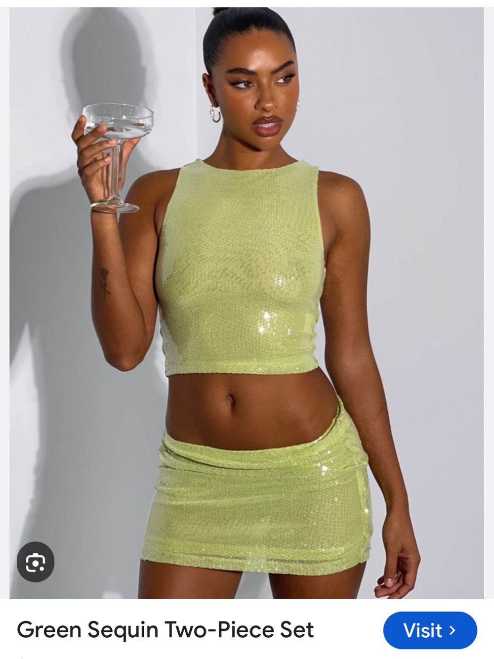 White Fox Boutique Lime Sequin Crop Top & Mini Skirt Set